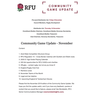 RFU Community Game and HertsRFU: November 2019 newsletters