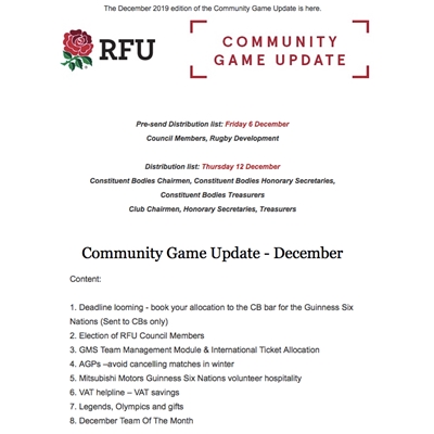 RFU Community Game: December 2019 update